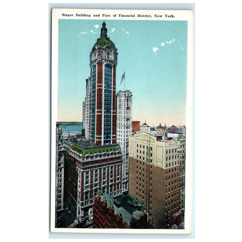 Vintage Postcard New York City Singer Building Architecture Broadway and Liberty
